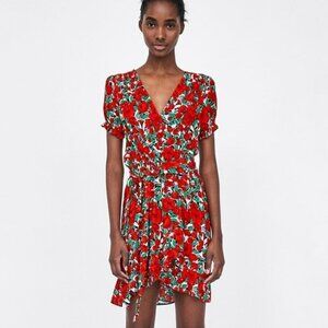 Zara Red & Green Floral Print Wrap Ruffle Short Sleeve V-neck Mini Dress XS